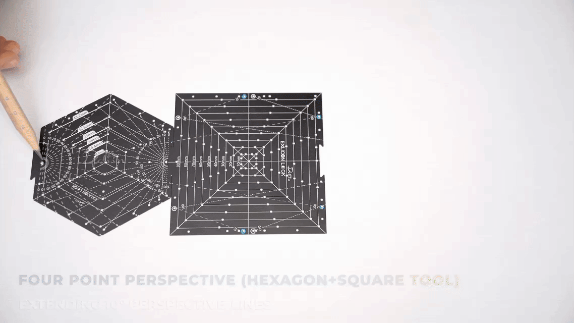 Demonstration of drawing four point perspective using black hexagon tool with measurement markings on white paper