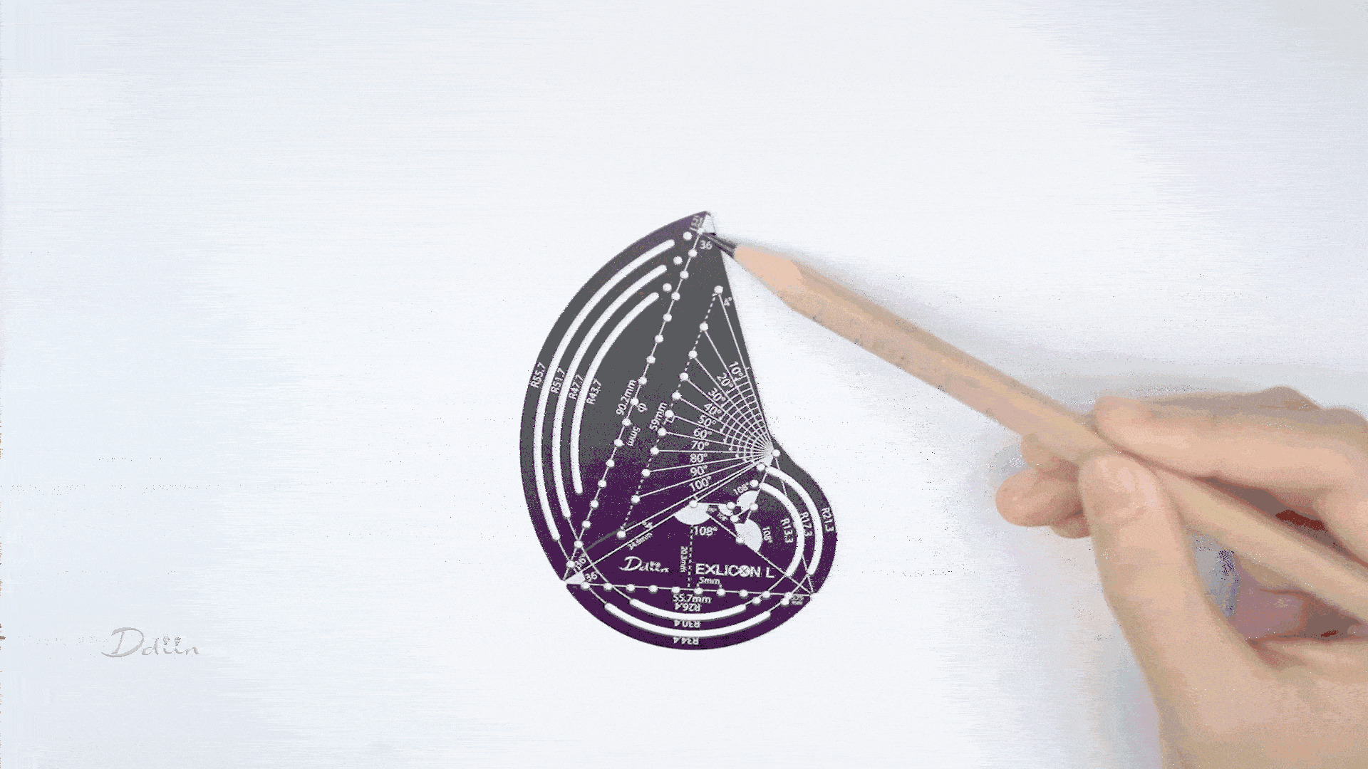 Demonstration of drawing golden ratio triangles with black geometric compass with measurement markings