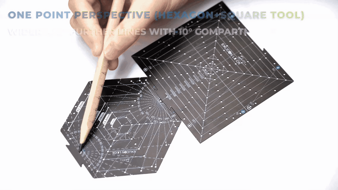 Demonstration of drawing one point perspective using black hexagon tool with measurement markings