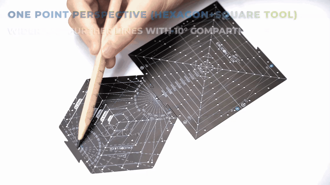 Demonstration of drawing one point perspective using black hexagon tool with measurement markings