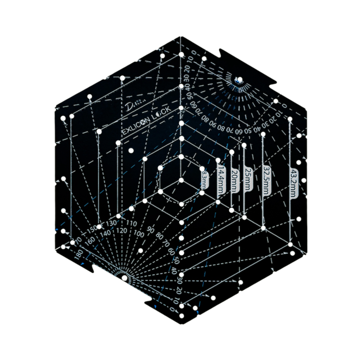 Black hexagon tool with measurement markings on a white background