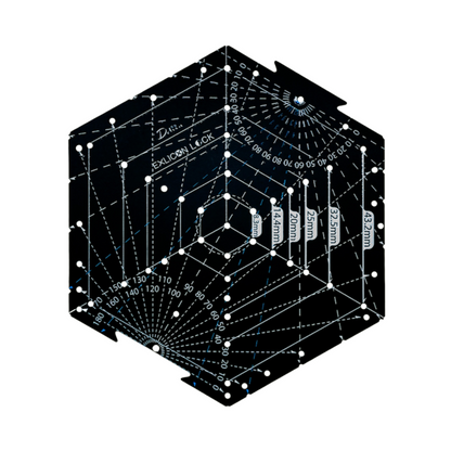 Black hexagon tool with measurement markings on a white background