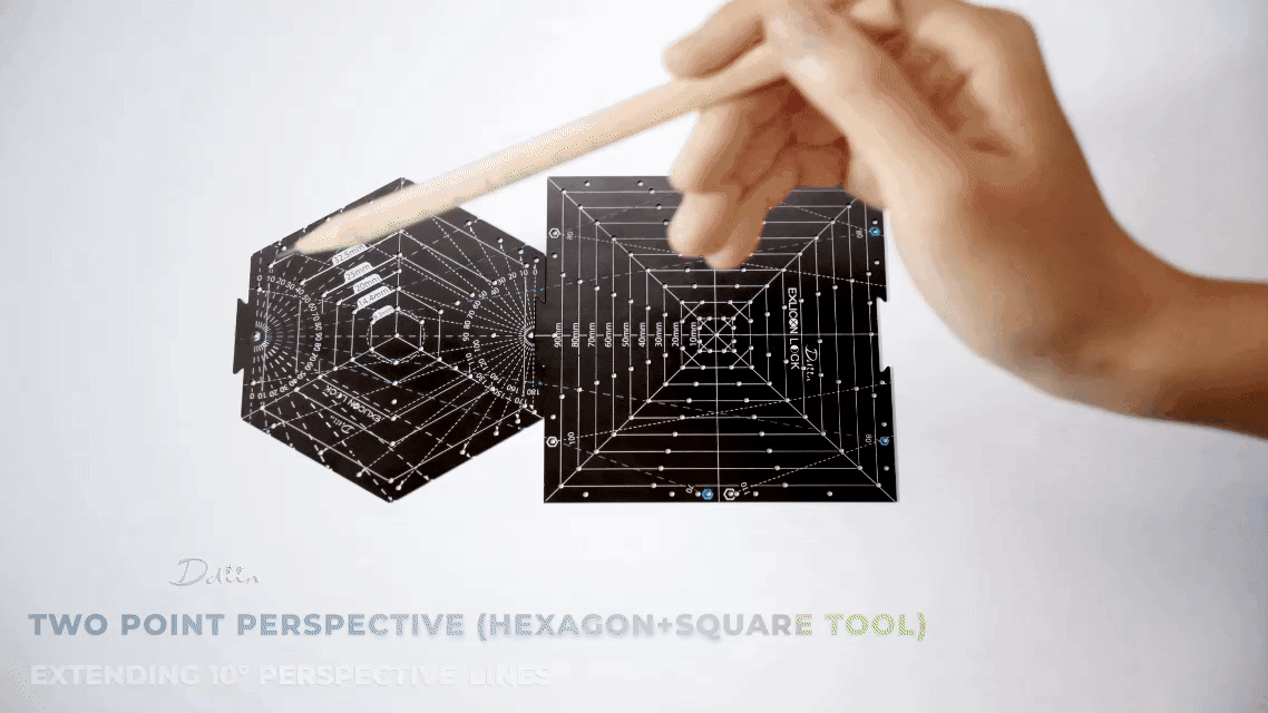 Demonstration of drawing two point perspective using black hexagon tool with measurement markings