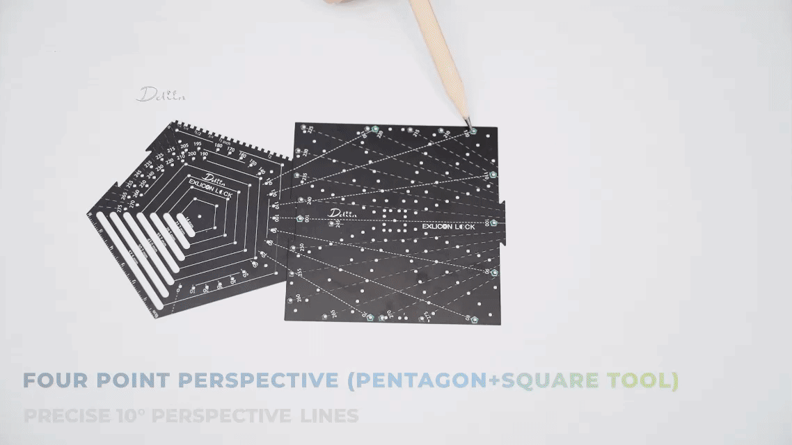 Demonstration on drawing four point perspective with black pentagon tool and black square tool on white paper