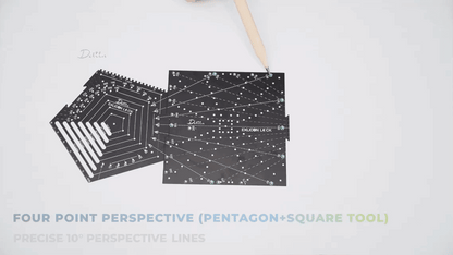 Demonstration on drawing four point perspective with black pentagon tool and black square tool on white paper