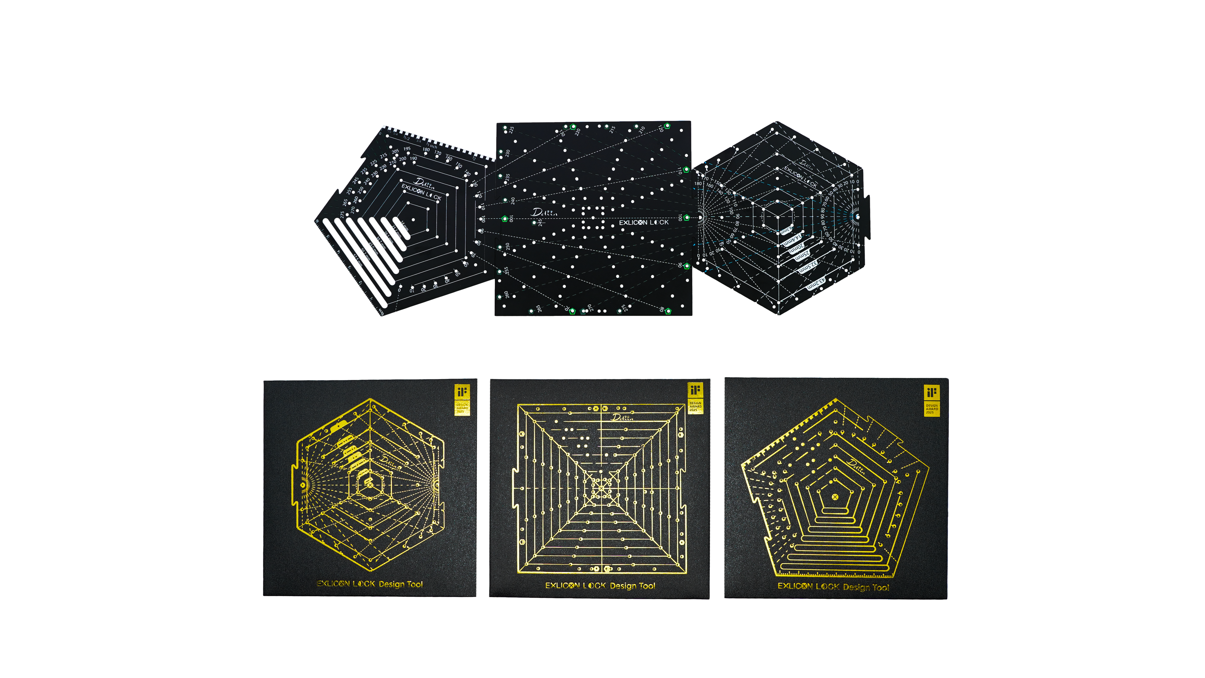 Set of black geometric square, pentagon and hexagon tools with measurement markings on a white background