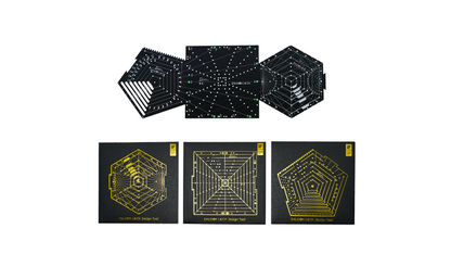 Set of black geometric square, pentagon and hexagon tools with measurement markings on a white background