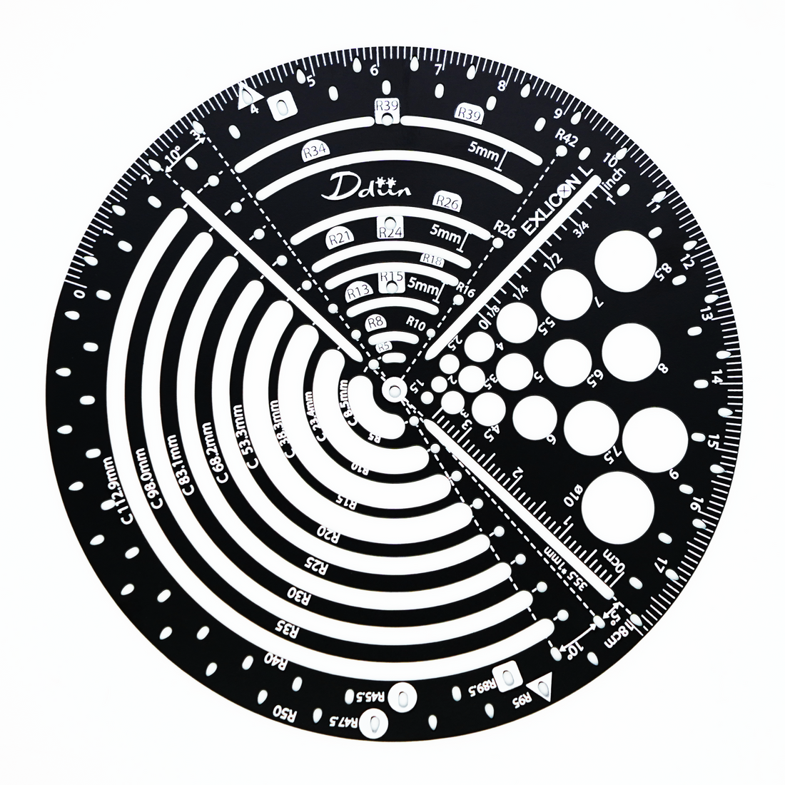 Black circular ruler with measurement markings for perfect golden ratio on a white background