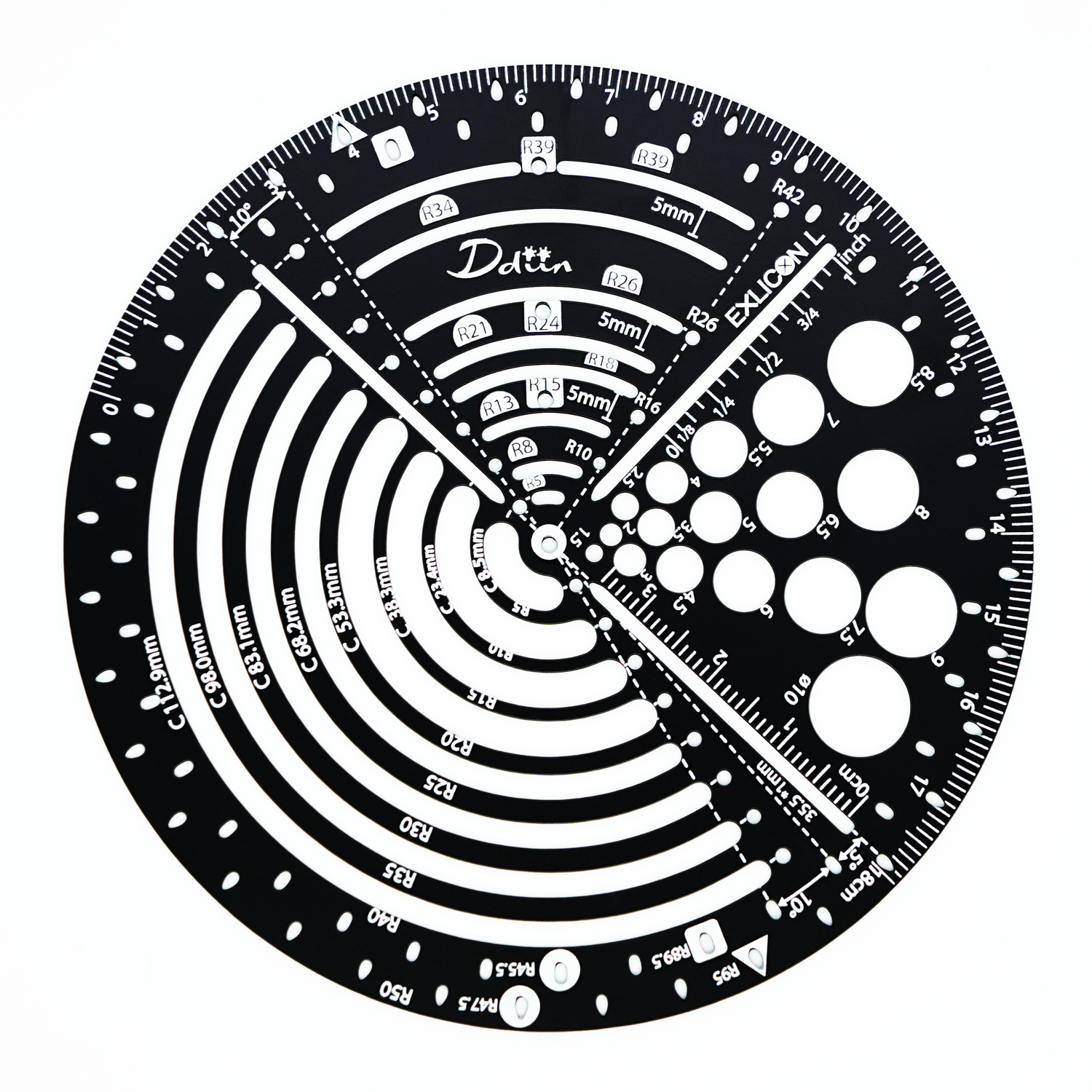 Black circular ruler with measurement markings for perfect golden ratio on a white background