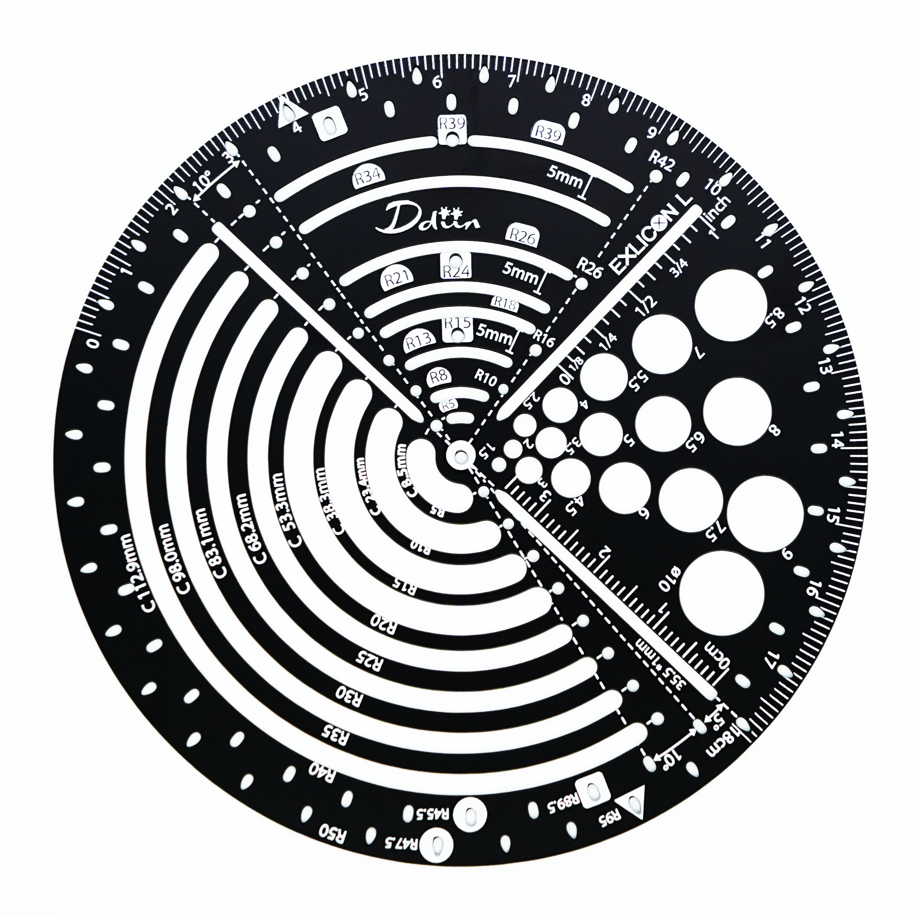 Black circular ruler with measurement markings for perfect golden ratio on a white background