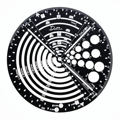 Black circular ruler with measurement markings for perfect golden ratio on a white background