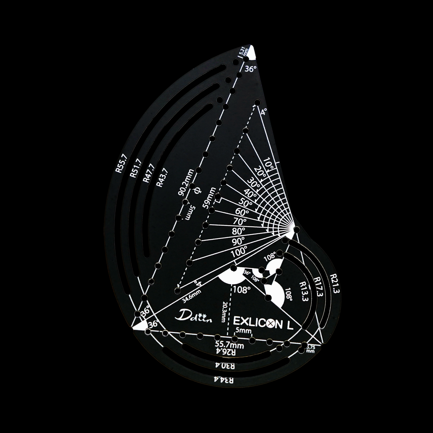 Geometric black golden ratio compass with measurement markings on a black background