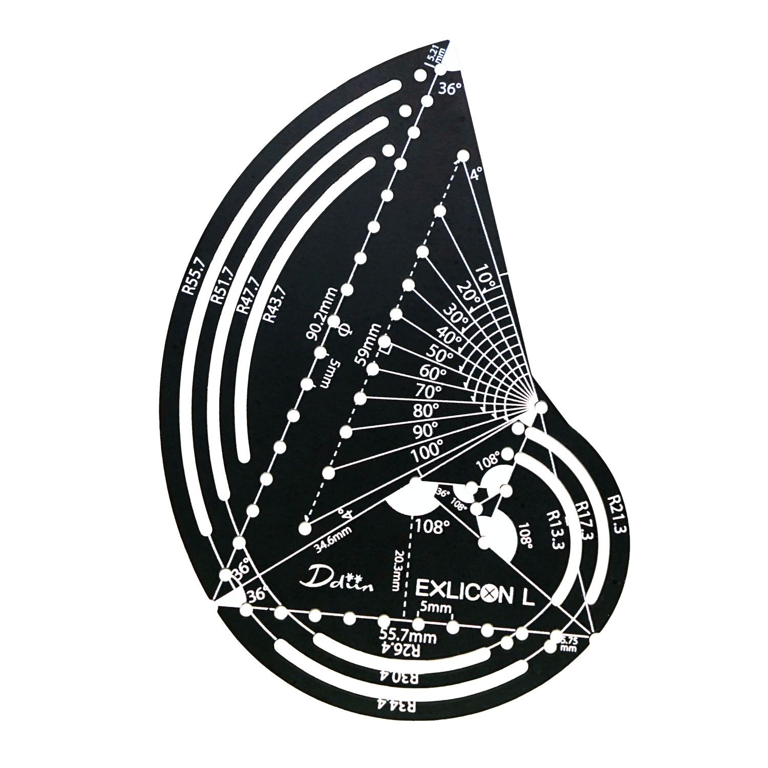 Black golden ratio compass with measurement markings on a white background