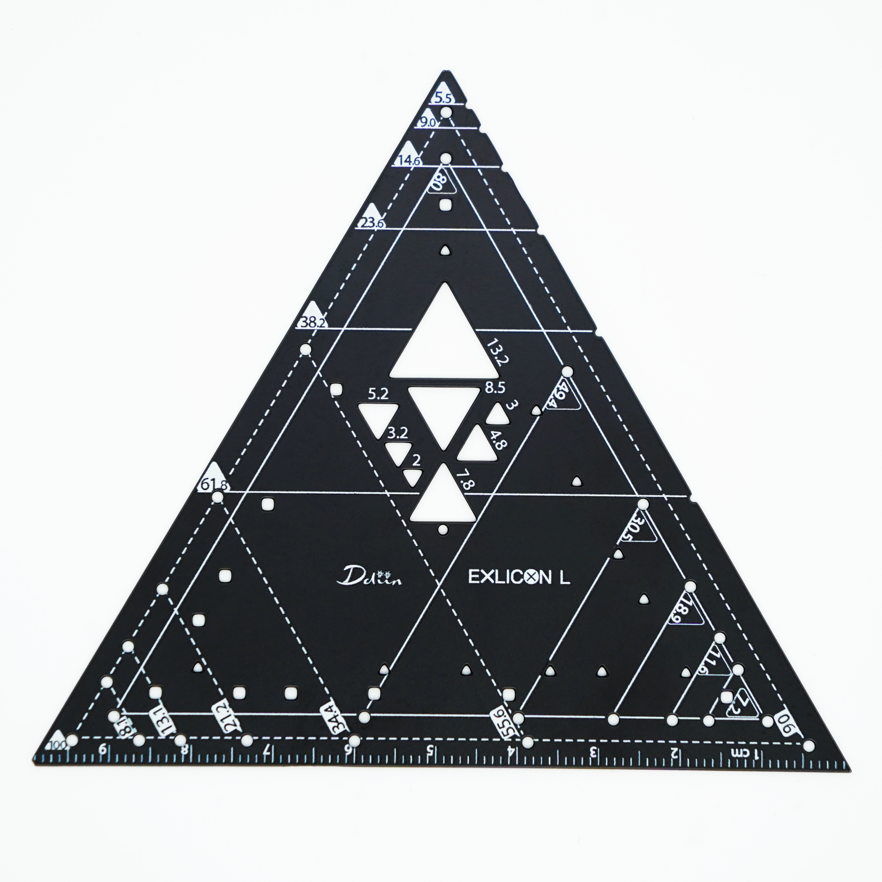 Black triangle compass with measurement markings for perfect golden ratio