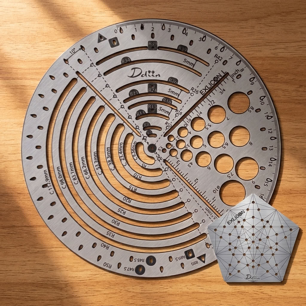 A circular metal protractor-style measuring tool labeled Delta lies on a wooden surface, with a smaller matching pentagonal template placed in front. The tools show engraved measurement markings and are photographed in warm natural light.