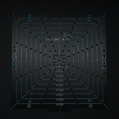 Black square tool with measurement markings on a black background