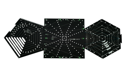 Set of black geometric square, pentagon and hexagon tools with measurement markings on a white background