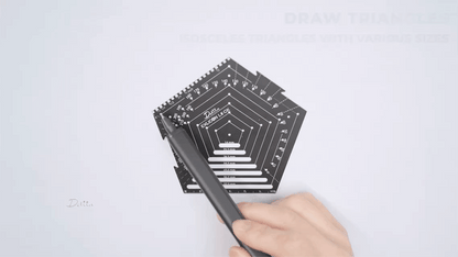 Demonstration on drawing isosceles triangles with black pentagon tool on white paper