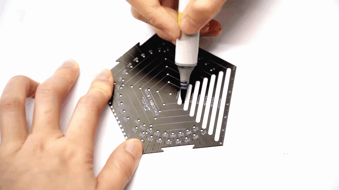 Demonstration on drawing lines with different lengths with black pentagon tool on white paper