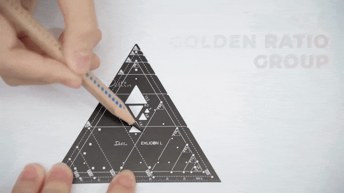 Demonstration of small golden ratio group markings on black triangle ruler