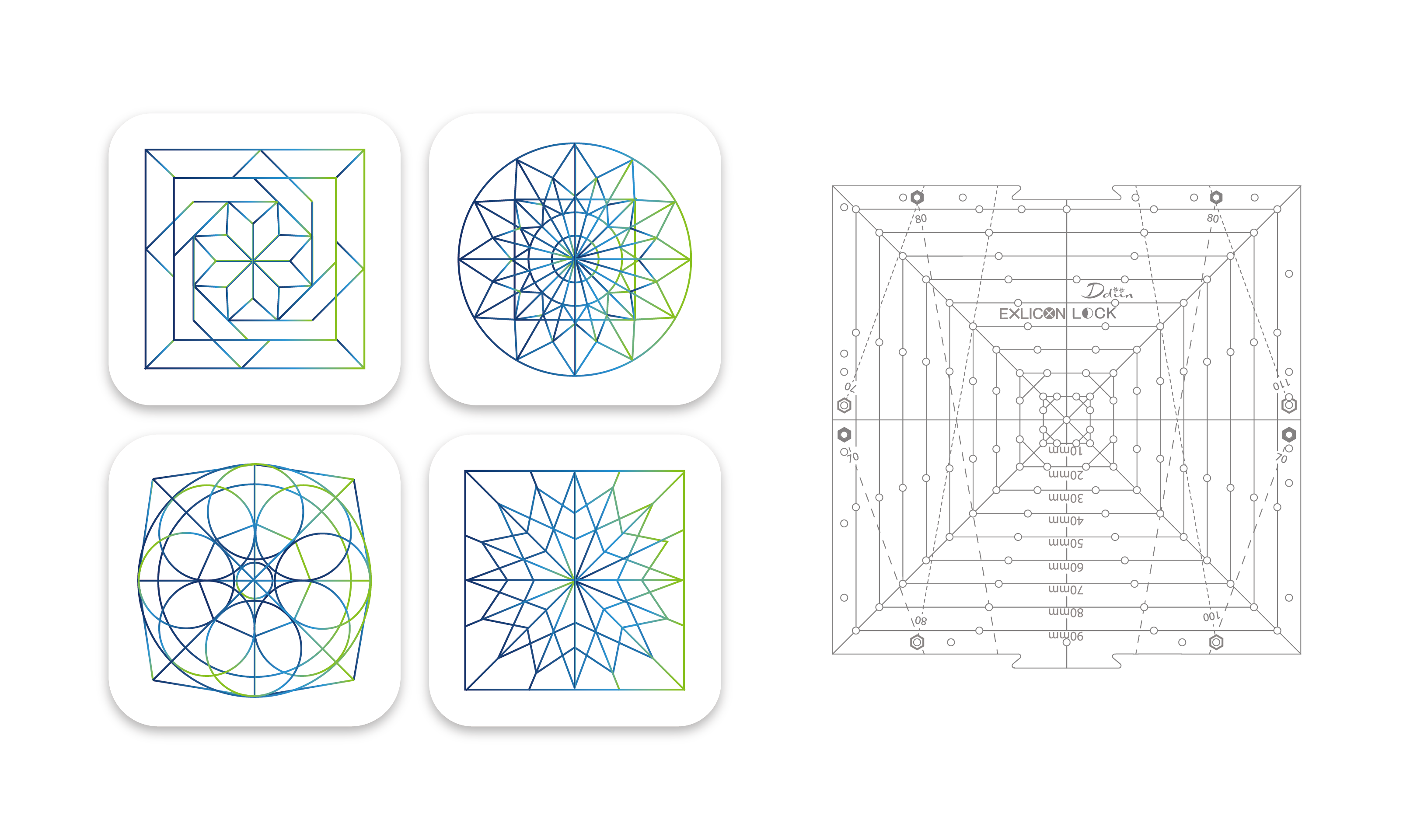 Four geometric designs on a white background with a black square tool with measurement markings on the right.