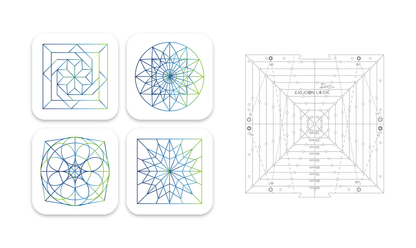 Four geometric designs on a white background with a black square tool with measurement markings on the right.